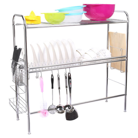 Corodo Stainless Steel Dish Rack, 2-Tier Large Dish Drying Rack with Cutting Board Holder and Knives Forks Chopsticks Holder, Non Slip Sink Dish Rack