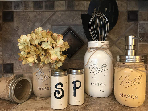 Ball Mason Jar KITCHEN PICK YOUR OWN PACK SET ~Pint Vase, Salt & Pepper Shakers, Utensil Holder, Stainless Steel Soap Dispenser ~Canning JARS Hand PAINTED Distressed ~Yellow Brown Cream Tan