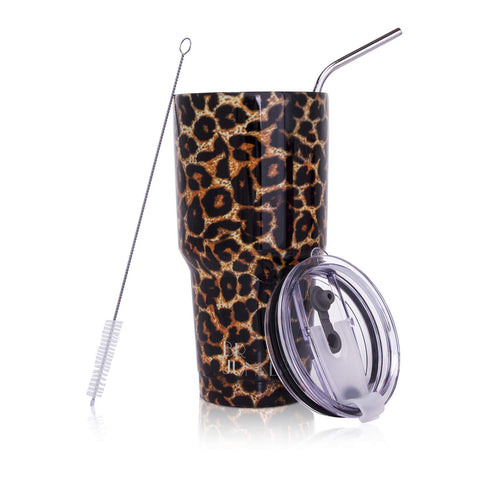 30 oz. Tumbler Double Wall Stainless Steel Vacuum Insulation Travel Mug with Crystal Clear Lid and Straw, Water Coffee Cup for Home,Office,School, Ice Drink, Hot Beverage,Leopard