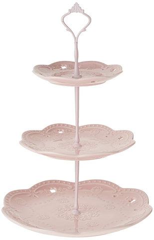 3 - Tier Ceramic Cupcake Stand - Elegant Embossed Porcelain Dessert Display Cake Stand - For Birthday Weddings Tea Party Colorful and Diverse (pink)