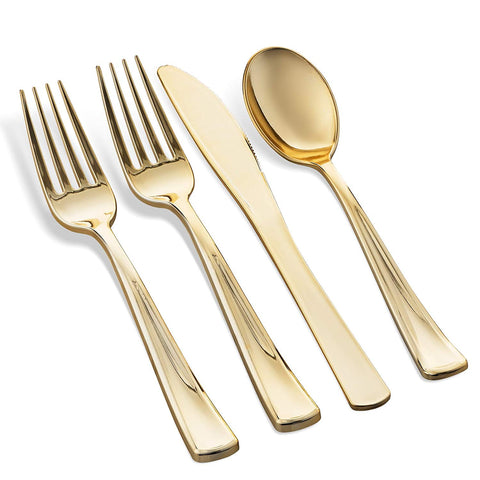 BloominGoods 200-Piece Plastic Silverware Set - Gold Cutlery - Disposable Flatware – 100 Forks 50 Spoons 50 Knives (40 Guest)