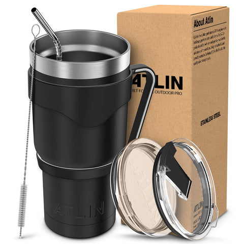 Atlin Tumbler [30 oz. Double Wall Stainless Steel Vacuum Insulation] Travel Mug [Crystal Clear Lid] Water Coffee Cup [Straw + Handle Included] for Home, Outdoor, Office, School,Ice Drink,Hot Beverage