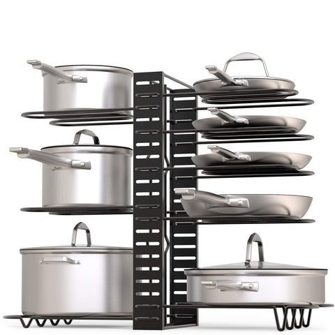 GeekDigg Pot Rack Organizer, 3 DIY Methods, Height and Position are Adjustable 8+ Pots Holder, Black Metal Kitchen Cabinet Pantry Pot Lid Holder (Upgraded)