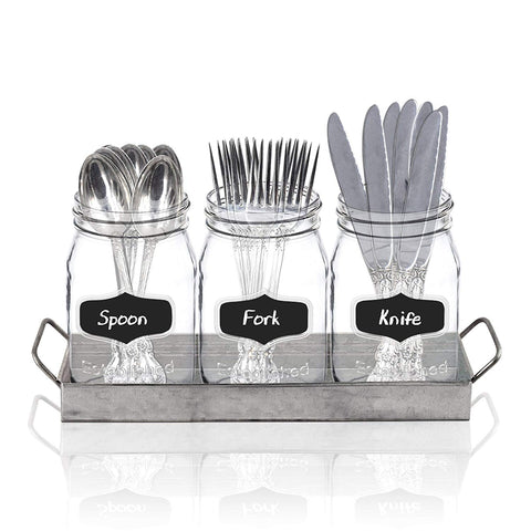 3-pc Mason Jar Flower Caddies -Vintage Clear Glass Utensil Organizer with Black Chalk Label on Wooden Caddy - Lightweight Space-Saver Home and Party Drinkware Set