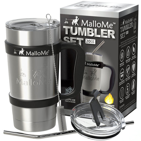Travel Coffee Cup Mug Tumbler - 20 oz - Stainless Steel Vacuum Insulated Mug 6-Piece Set - Includes 2 Lids, Straw, Brush, Handle