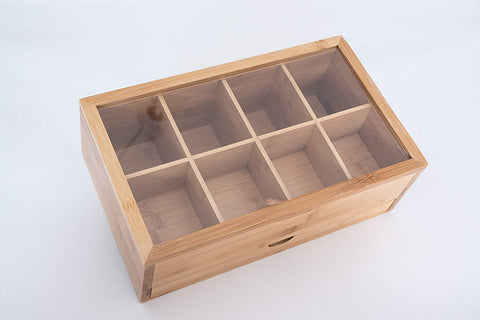 Deluxe 100% Natural Bamboo Tea Storage Box, Full Length Drawer for Loose Leaf Tea plus Free Stainless Steel Tea Squeezer