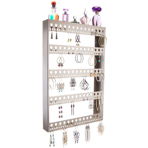 Angelynn's Large Earring Holder Organizer for Hoops, Wall Hanging Closet Jewelry Storage with Shelf, Nichole Satin Nickel Silver