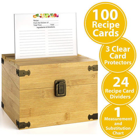 Zen Earth Ultimate Kitchen Recipe Box & Labeleze Bundle - Luxury Handcrafted Bamboo Wood Case With Card Holder Groove - 350+ 4x6" Recipe & Index Card Capacity Recipe Cards & Clear Card Frame Included