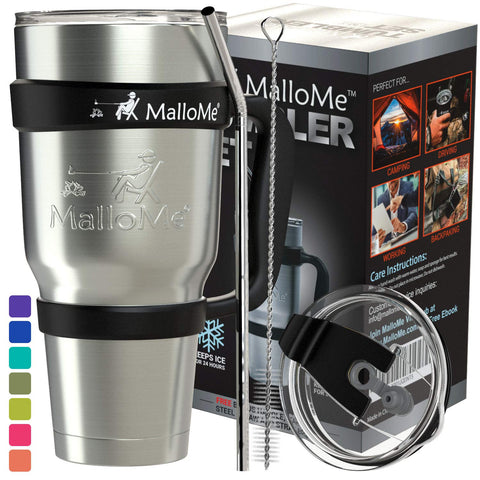 MalloMe Tumbler 30 oz. Double Wall Stainless Steel Vacuum Insulated - Travel Mug [Crystal Clear Lid] Water Coffee Cup [Straw Included] For Home,Office,School - Works Great for Ice Drink, Hot Beverage