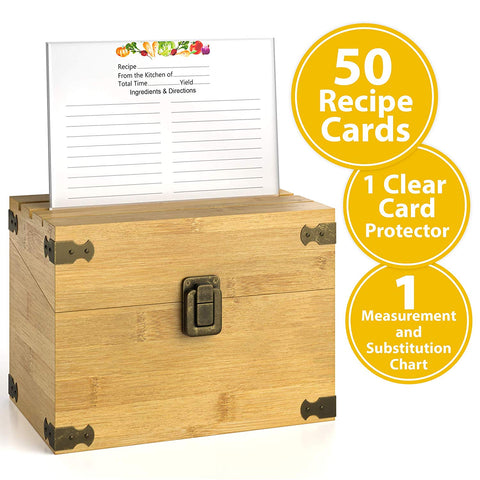 Zen Earth Premium Kitchen Recipe Box -Luxury Handcrafted Bamboo Wood Recipe Case With Card Holder Grooves -Great For 200+ 4x6" Recipe & Index Cards -50 Recipe Cards & 1 Clear Card Frame Included!