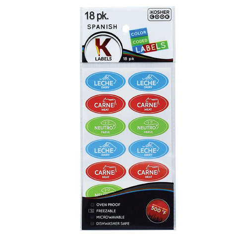 18 Assorted Spanish Kosher Labels – 6 Blue Dairy, 6 Red Meat, 6 Green Parve Stickers -Oven Proof up to 500°, Freezable, Microwavable, Dishwasher Safe - Color Coded Kitchen Tools by The Kosher Cook