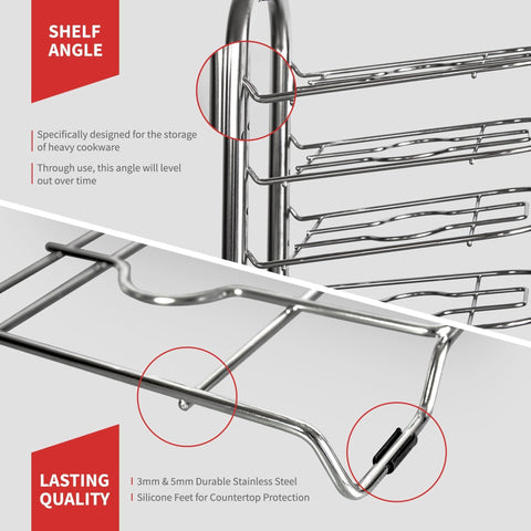 BetterThingsHome 5-Tier Height Adjustable Pan and Pot Organizer Rack: Adjust in increments of 1.25”, 10, 11 & 12 Inch Cookware Lid Holder, Stainless Steel (16.5" Tall)