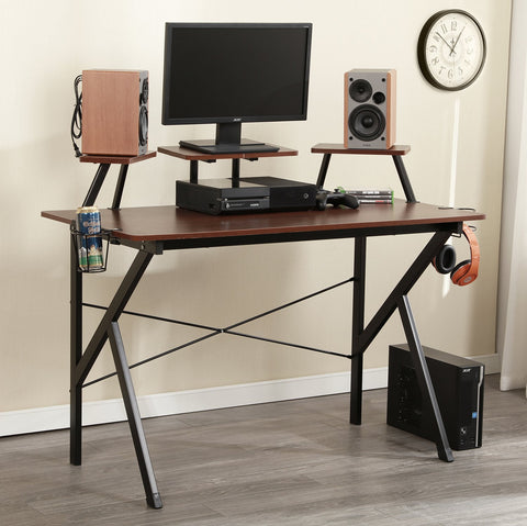 Soges Gaming Desk 47" Computer Desk Workstation Desk with Adjustable Support Panel, Cup Holder, Basket Hook, Walnut YX001-120-WA