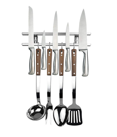 12 Inch Stainless Steel Magnetic Knife Holder & Space-Saving Strip for Kitchen Knives & Utensils, Office, Craft, Bar, Garage & Workshop Tools Wall Rack: Includes 4 Removable Hooks, Screws & Hardware