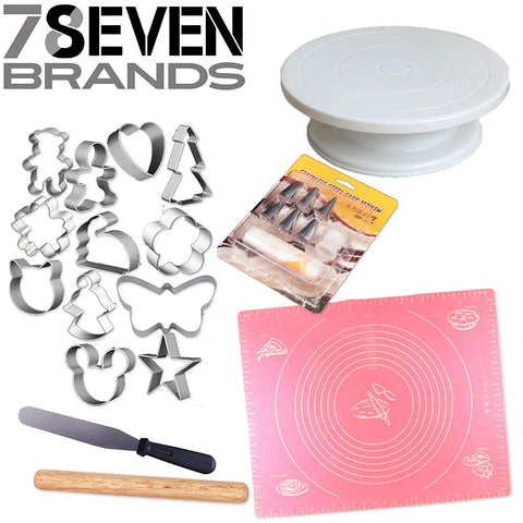 78Seven Bakeware 6 pcs Pastry Set: Pastry Mat, Cake Stand, Cookie Cutters. Cake Decorating Supplies: Icing Tips, Spatula, and Rolling Pin.