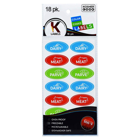 18 Assorted Kosher Labels -6 Blue Dairy, 6 Red Meat, 6 Green Parve Stickers -Oven Proof up to 500°, Freezable, Microwavable, Dishwasher Safe, English – Color Coded Kitchen Tools by The Kosher Cook