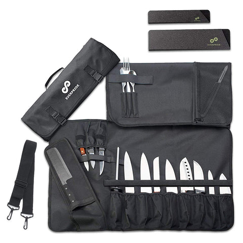 Chef Knife Roll Bag (16 Slots) Holds 12 Knives, 1 Meat Cleaver, And 3 Utensil Pockets. Top Quality Portable Chef Knife Case - Includes 2 Knife Guards, Handle, Shoulder Strap & Business Card Holder