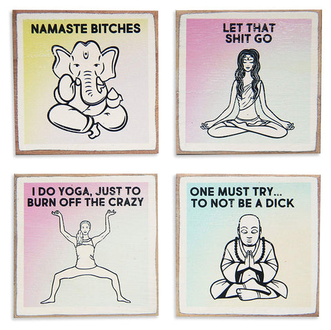 4 Funny Yoga Quotes Coaster Set & Holder, Rustic Wood, Yoga Gifts for Women, Beverage Coasters for Hot Drinks, Yoga Decor, Meditation Art Design by Zumatico