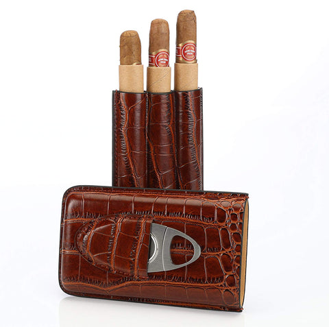 Brown Leather Cigar Case Holder for 3 Cigars with Cutter Set – Perfect Size for Shirt Pockets Golf Cart or Travel