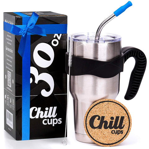 Insulated Travel Coffee Thermal Mug - 30 oz Double Wall Vacuum Drinking Stainless Steel Tumbler Cup with Spill Proof Lid, Handle and 8mm Straw - Silicone Tip - Free Bonus Coaster by Chill Cups