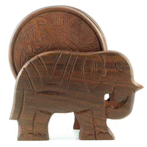 Elephant Design Wooden Coasters With Holder - set of 6, Handcrafted in India. Great Gifts For Any Occasion, Birthdays, Holidays, Housewarming, Business, Fathers Day and Mothers Day.